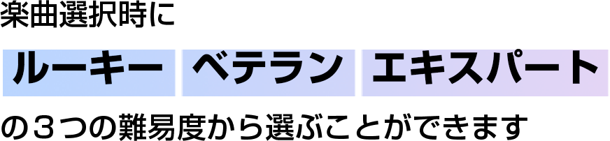楽曲選択時にルーキー　ベテラン　エキスパート　の３つの難易度から選ぶことができます
