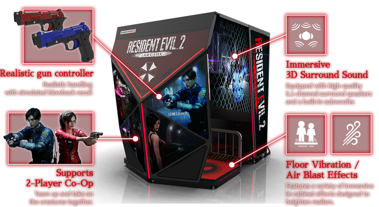 'Realistic gun controller' Realistic handling with simulated blowback recoil, 'Supports 2-Player Co-Op' Team up and take on the creatures together.,'Immersive 3D Surround Sound' Equipped with high-quality 5.1-channel surround speakers and a built-in subwoofer., 'Floor Vibration / Air Blast Effects' Features a variety of immersive in-cabinet effects designed to heighten realism.