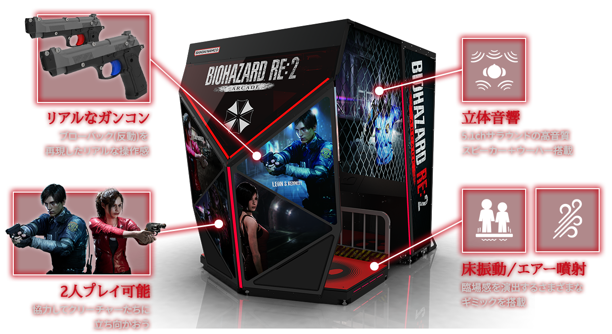 「リアルなガンコン」ブローバック(反動)を再現したリアルな操作感、「2人プレイ可能」協力してクリーチャーたちに立ち向かおう、「立体音響」5.1chサラウンドの高音質スピーカー＋ウーハー搭載、「床振動／エアー噴射」臨場感を演出するさまざまなギミックを搭載