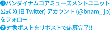 ❶バンダイナムコアミューズメントユニット　公式X(旧Twitter)アカウント(@bnam_jp)をフォロー❷対象ポストをリポストで応募完了‼