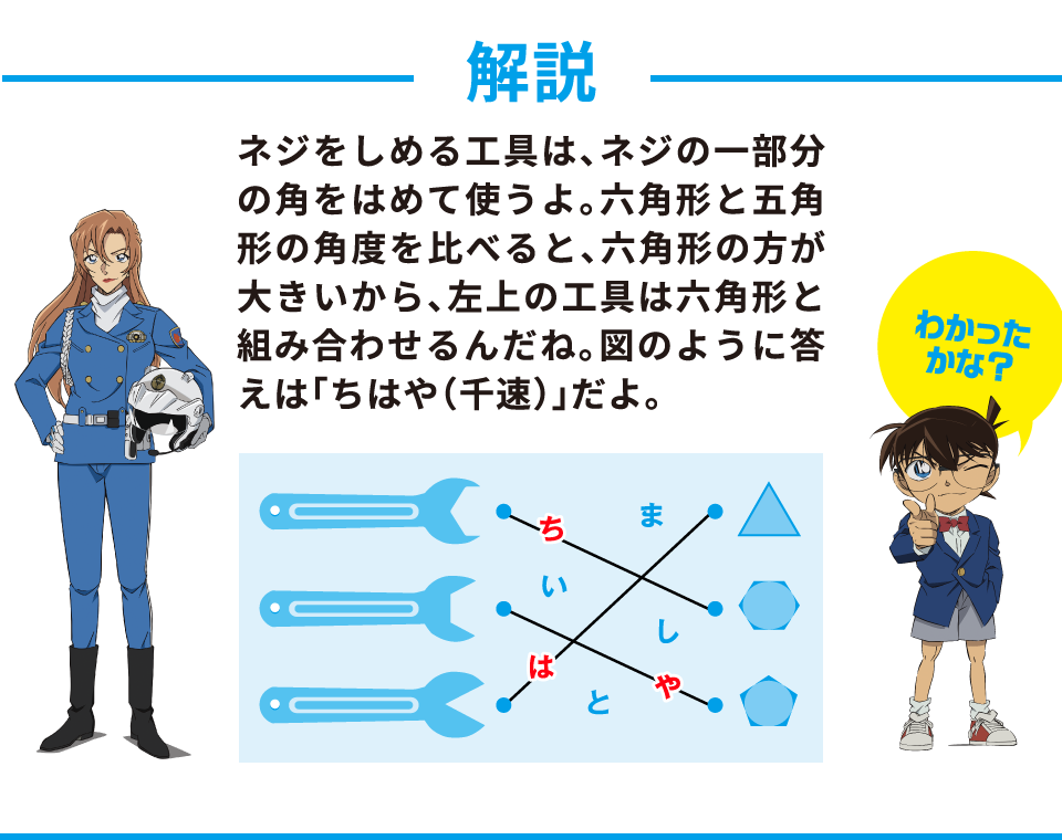 ネジをしめる工具は、ネジの一部分の角をはめて使うよ。六角形と五角形の角度を比べると、六角形の方が大きいから、左上の工具は六角形と組み合わせるんだね。図のように答えは「ちはや（千速）」だよ。