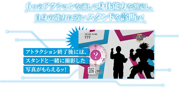 6つのアクションを通して身体能力を測定し、自身の能力に近いスタンドを診断ッ!アトラクション終了後には、スタンドと一緒に撮影した写真がもらえるッ!