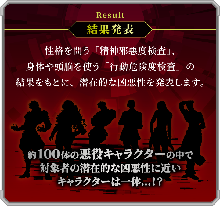 結果発表 性格を問う「精神邪悪度検査」、身体や頭脳を使う「行動危険度検査」の結果をもとに、潜在的な凶悪性を発表します。約100体の悪役キャラクターの中で対象者の潜在的な凶悪性に近いキャラクターは一体…！？