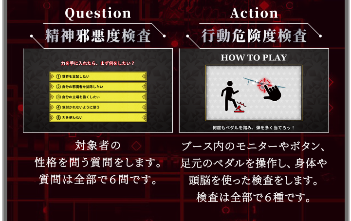 精神邪悪度検査 対象者の性格を問う質問をします。質問は全部で6問です。　行動危険度検査 ブース内のモニターやボタン、足元のペダルを操作し、身体や頭脳を使った検査をします。検査は全部で6種です。