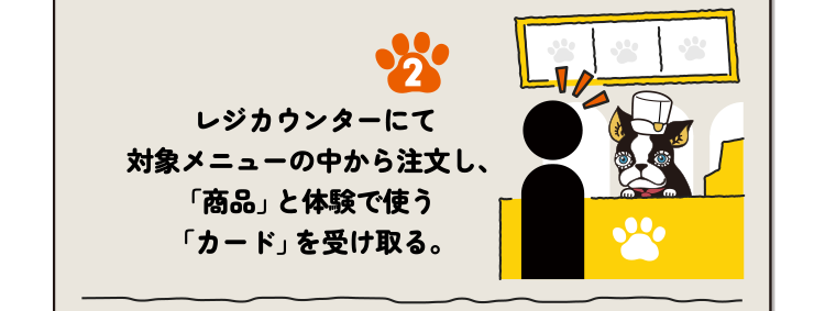 レジカウンターにて対象メニューの中から注文し、「商品」と体験で使う「カード」を受け取る。